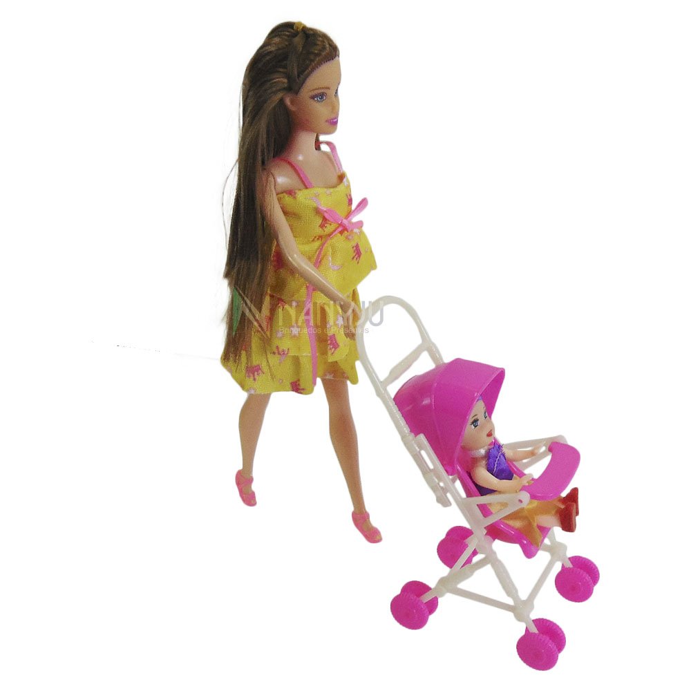 Boneca Gravida Estilo Barbie Andador Carrinho Bonequinha morena