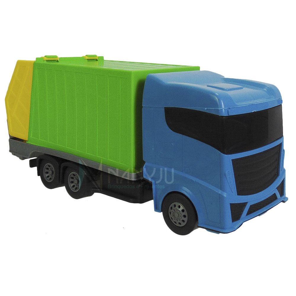Um caminhão de brinquedo azul e amarelo com fundo azul.