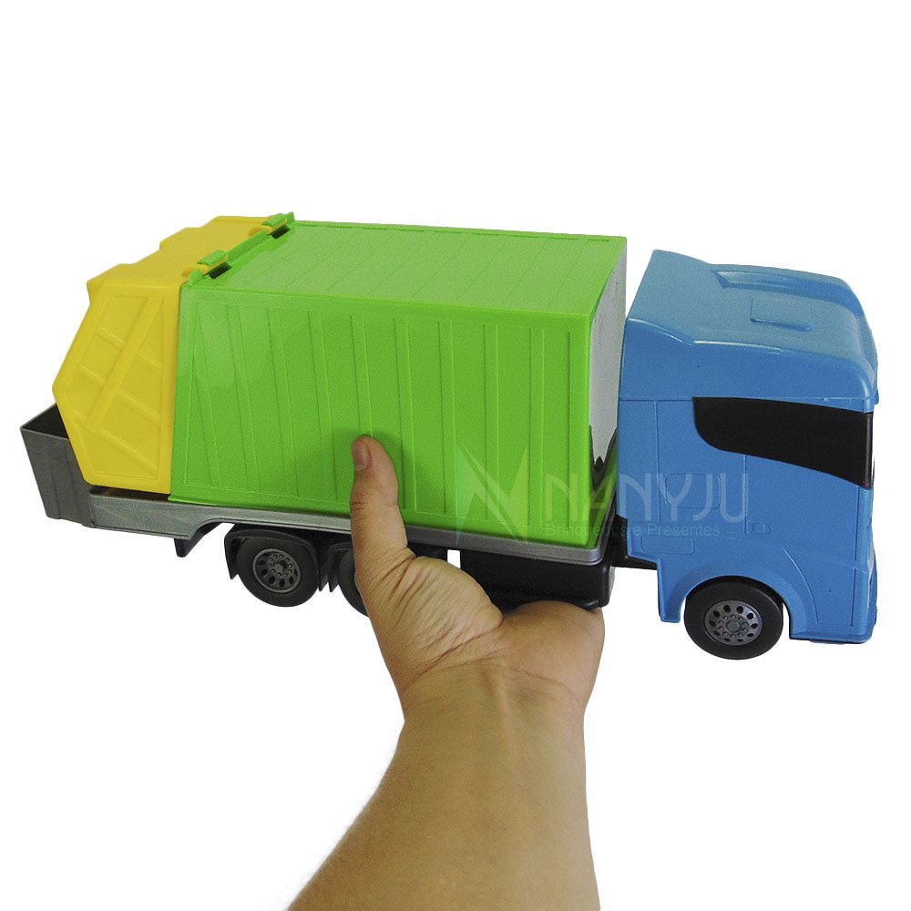 Carrinho De Brinquedo Caminhão Coletor De Lixo Caçamba Carro azul verde  amarelo