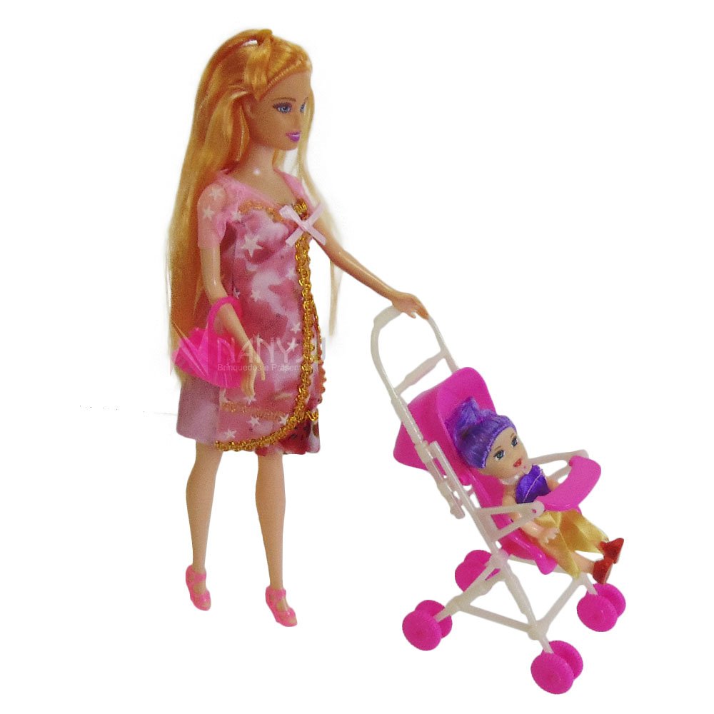 Boneca Gravida Estilo Barbie Andador Carrinho Bonequinha loira