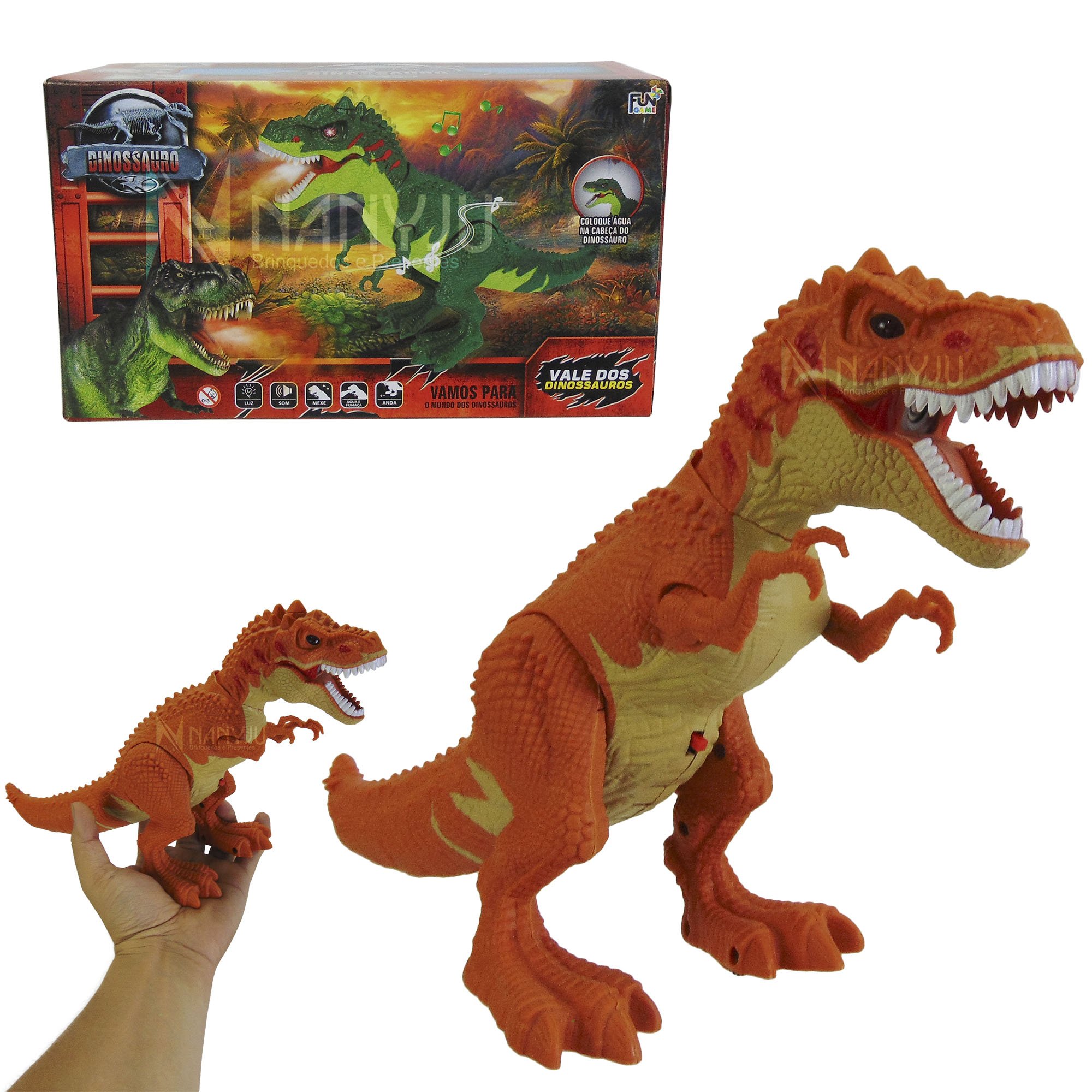 Dinossauro De Brinquedo Solta Fumaça Anda Som Luz Dino Robô laranja