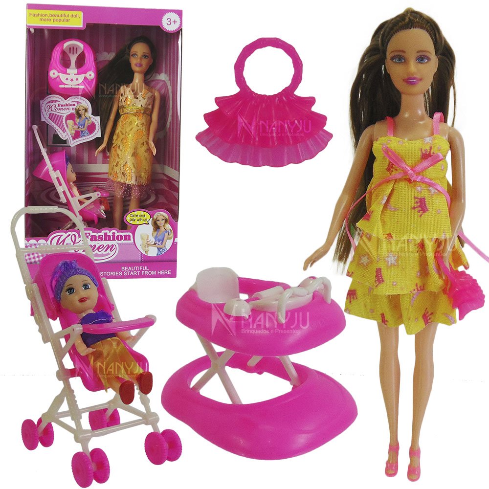 Boneca Gravida Estilo Barbie Andador Carrinho Bonequinha morena