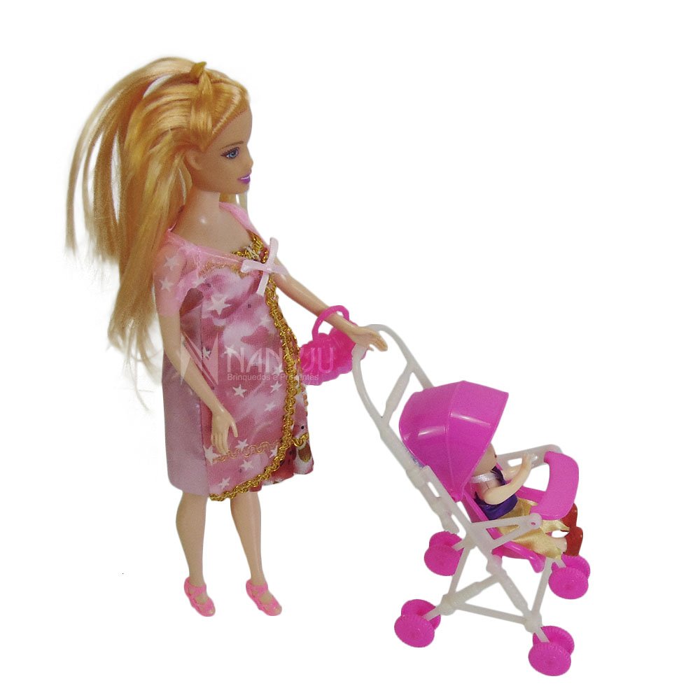 Boneca Gravida Estilo Barbie Andador Carrinho Bonequinha loira